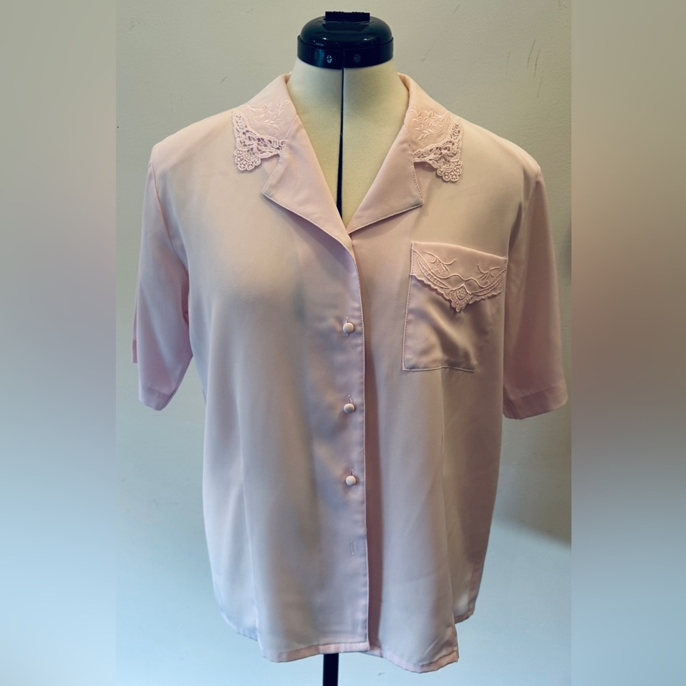 Vintage Pink Lace Collar Blouse Cottagecore Button Front Top Large